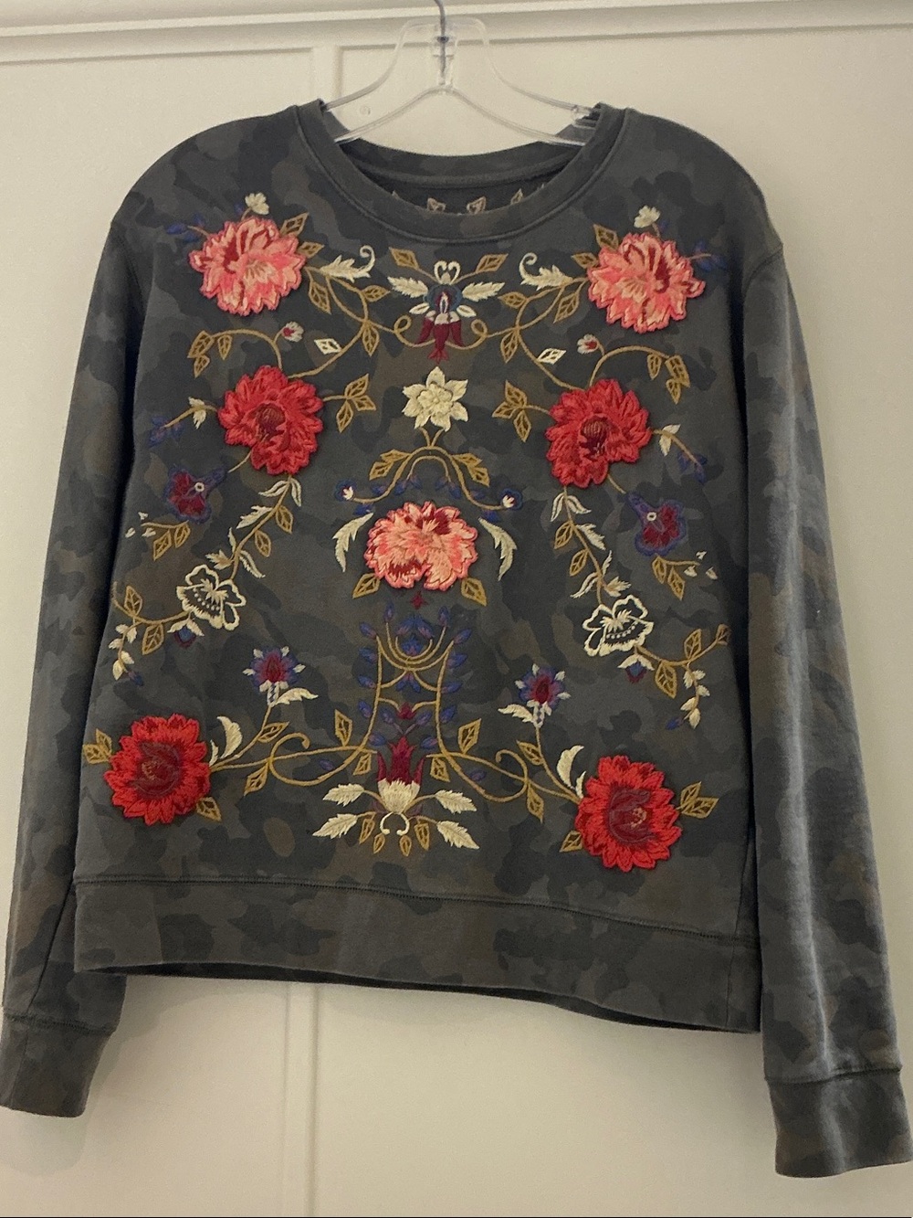DRIFTWOOD Dark Gray Camo Sweatshirt with Red & Pink Floral Embroidery